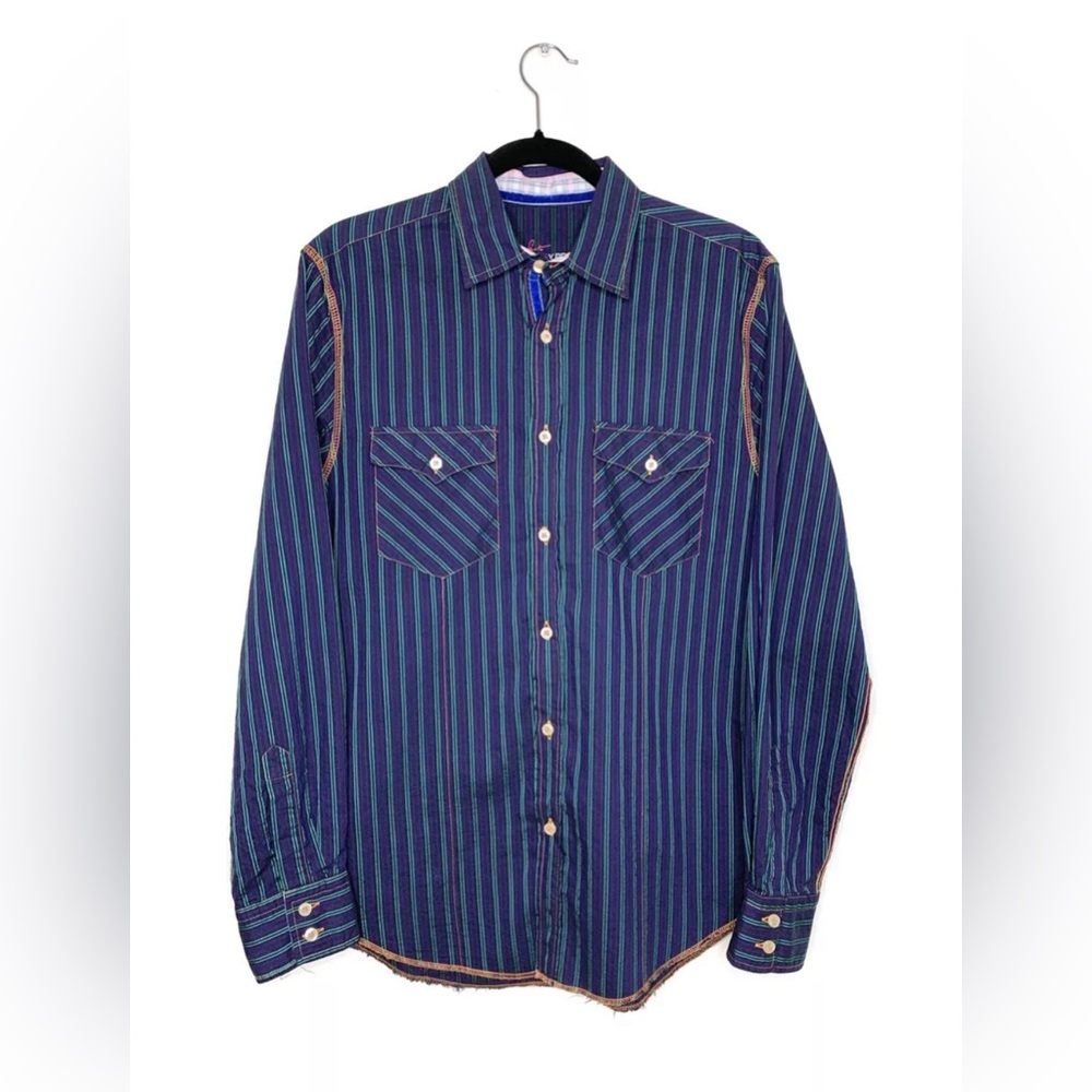 Express x Arnold Stuart Button Up Stripe Shirt Long Sleeve Purple Green Orange S